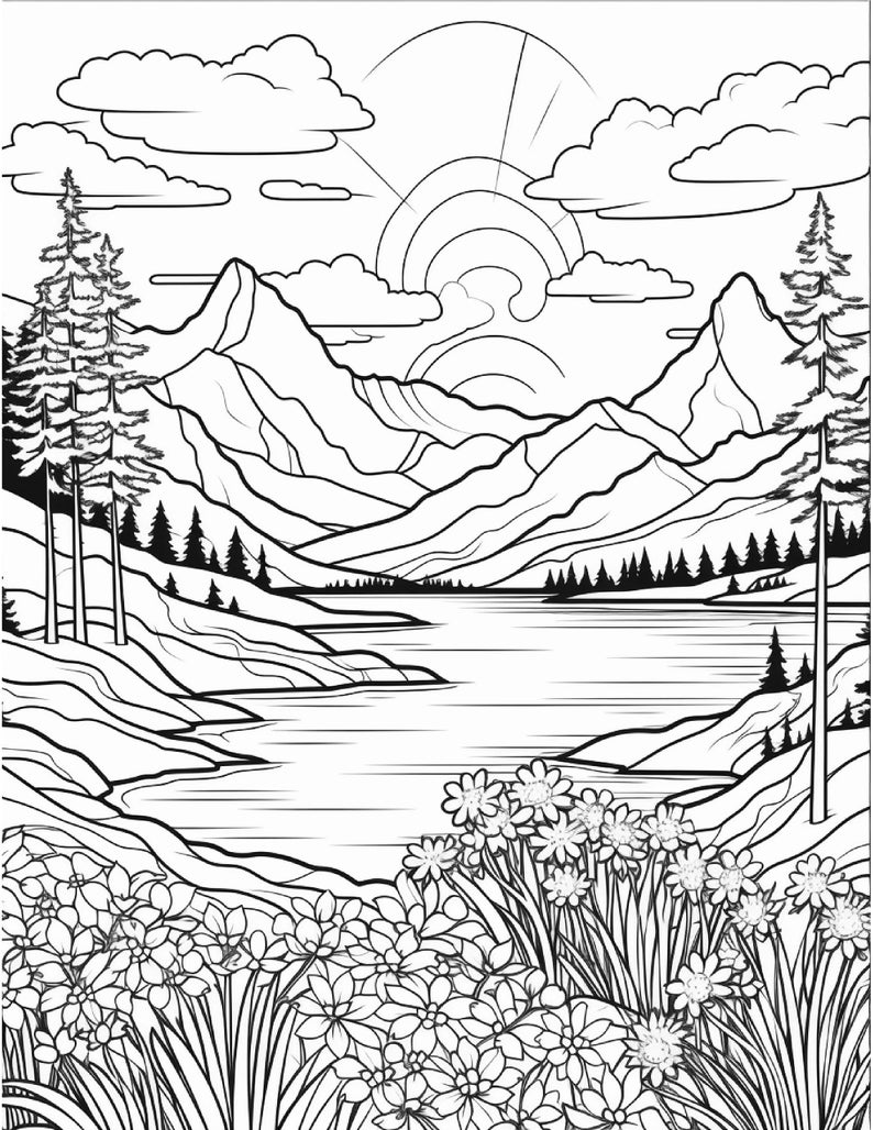 以下が含まれることがあります： 山と湖の風景の白黒の線画です。空には太陽が輝き、雲があります。手前に木と花があります。