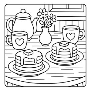 May include: Black and white line drawing of a breakfast scene. A teapot, two mugs with heart shapes, a vase with flowers, and two plates of pancakes with butter and syrup are arranged on a table.