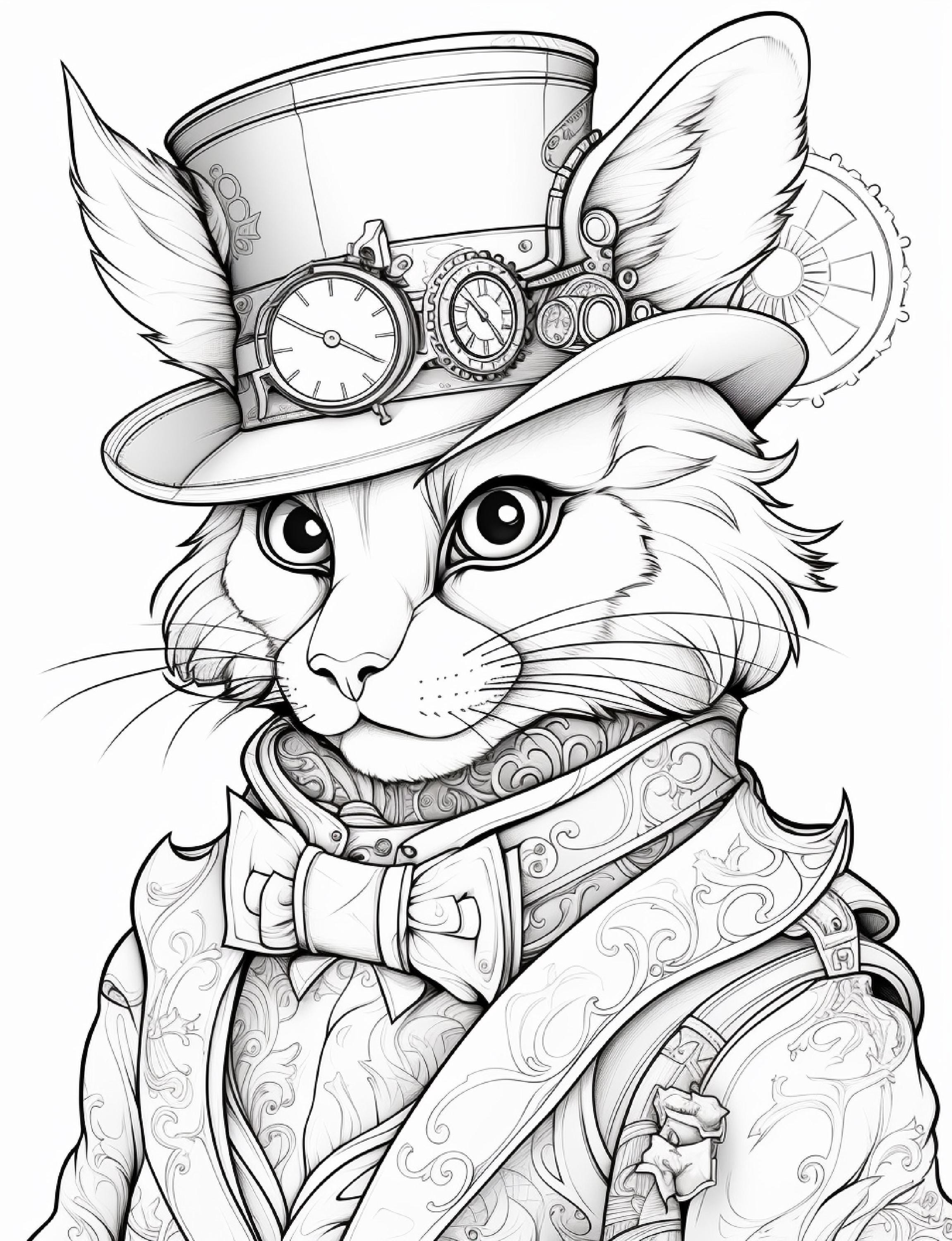 240 Steampunk Cat Coloring Pages for Kids and Adults Printable Digital ...