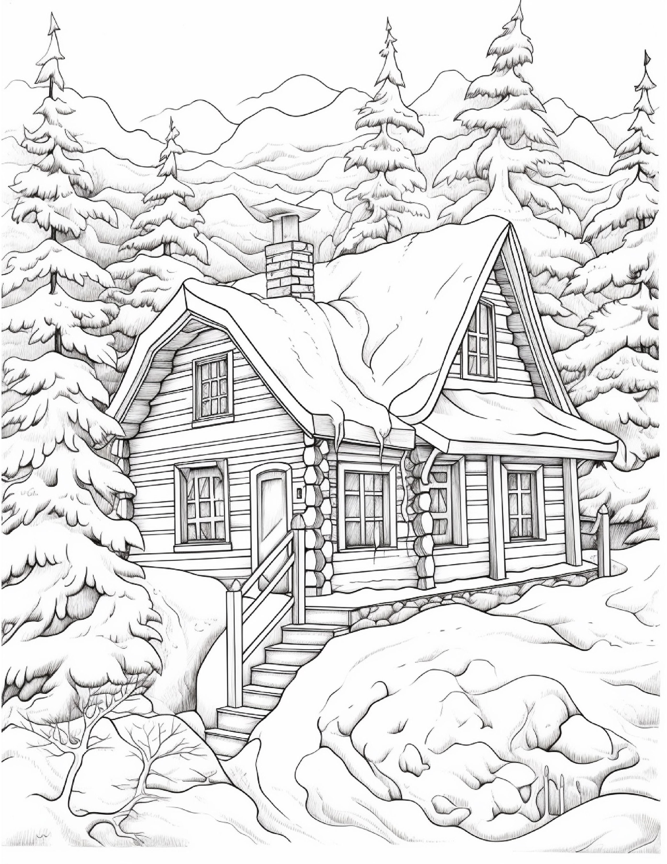 Country Winter Coloring Book: 100 Pages - Cozy Coloring Pages of Snow,  Cabins, Farms and Landscapes of Winter