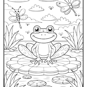 May include: Black and white line art illustration of a frog sitting on a lily pad in a pond. Two dragonflies and clouds are in the background. The frog is smiling. The image is suitable for coloring.