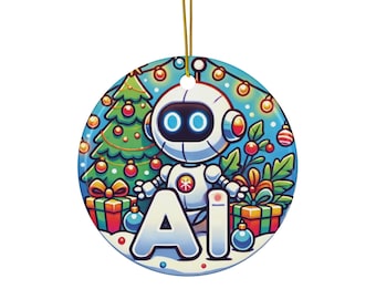 Może przedstawiać: Okrągła ozdoba świąteczna z kreskówkowym robotem z literami "AI". Robot jest biały z niebieskimi oczami, otoczony choinką, prezentami i ozdobami. Tło jest niebieskie z żółtymi światłami.