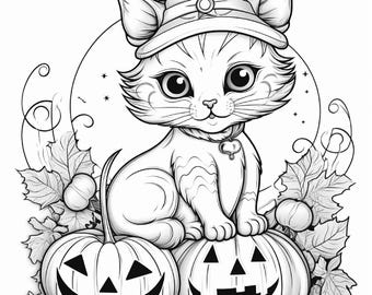 100 Cute Halloween Cat Coloring Pages Printable PDF, Kawaii Witch Kittens, Pumpkins, Halloween Coloring Book, Instant Digital Download