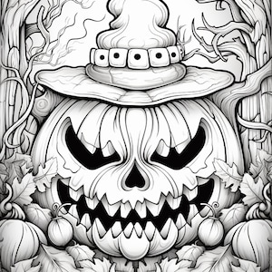 May include: A black and white line drawing of a jack-o'-lantern with a witch's hat. The pumpkin has a wide, toothy grin and is surrounded by leaves.