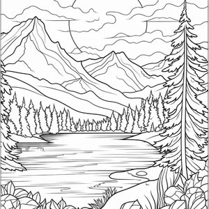 以下が含まれることがあります： 湖を前景に、山岳地帯を描いた白黒の線画です。空には太陽が輝き、雲が浮かんでいます。湖の両側には木々が生えています。
