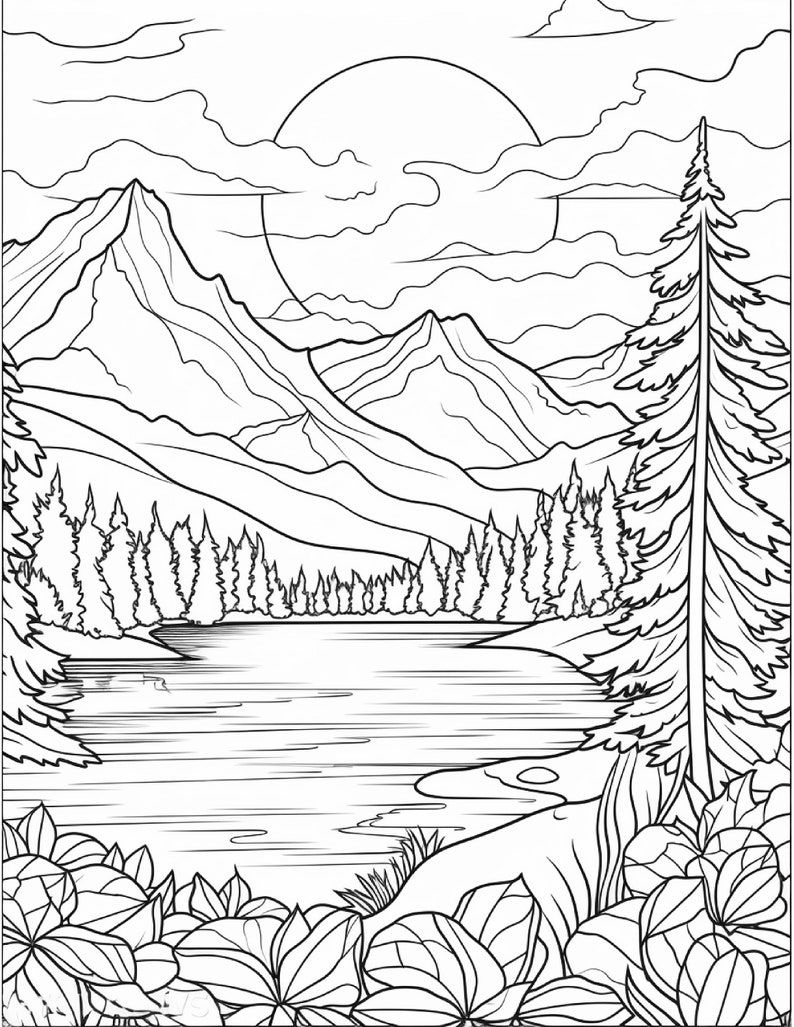 以下が含まれることがあります： 湖を前景に、山岳地帯を描いた白黒の線画です。空には太陽が輝き、雲が浮かんでいます。湖の両側には木々が生えています。
