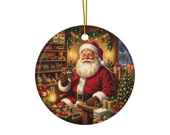 Vintage Santa Claus Christmas Ornament | Nostalgic Santa Workshop Ceramic Ornament | Retro Christmas Tree Decoration | Holiday Gift