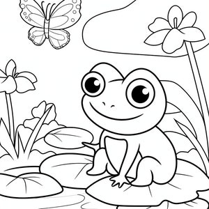 Puede incluir: Un dibujo en blanco y negro de una rana sentada en una hoja de nenúfar en un estanque. Una mariposa vuela sobre la rana. Hay nenúfares y flores en el fondo.