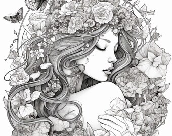 50枚の美しい妖精の女の子の塗り絵 - 大人と子供の塗り絵の印刷可能な
