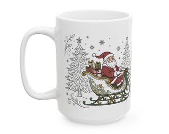 Vintage Santa Christmas Mug 15 oz, Whimsical Reindeer Sleigh Coffee Cup, Boho Holiday Mug, Retro Christmas Gift, Santa Claus Mug