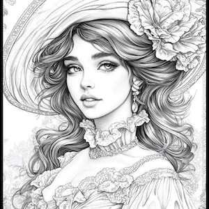 May include: A black and white line drawing of a woman wearing a large hat with a flower on it. She has long, flowing hair and is wearing a lace dress. The drawing is detailed and intricate.