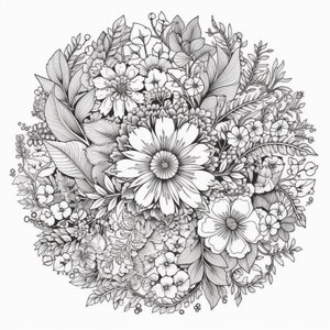 May include: A black and white line drawing of a bouquet of flowers in a circular shape. The flowers are various types of daisies and other wildflowers.