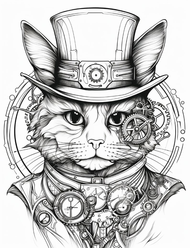 240 Steampunk Cat Coloring Pages for Kids and Adults Printable Digital ...