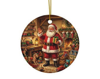 Vintage Santa Claus Christmas Ornament | Nostalgic Santa Workshop Ceramic Decoration | Old Fashioned Christmas Tree Ornament | Holiday Gift
