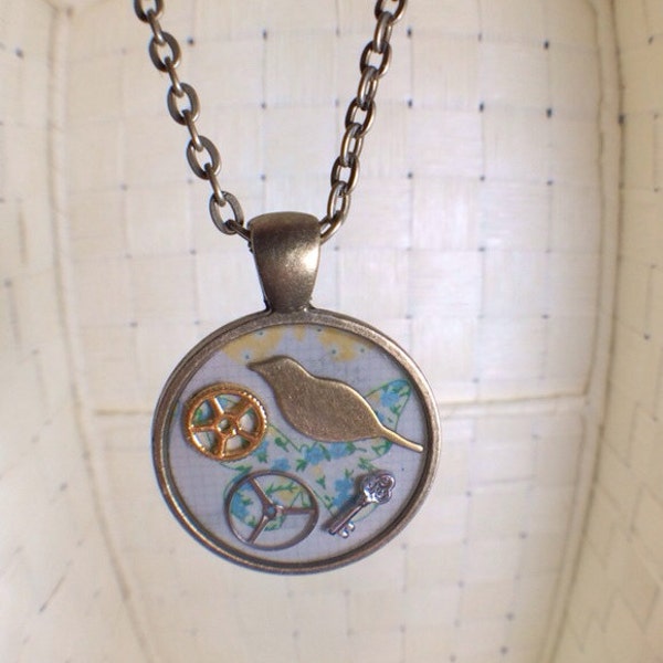 Vintage Necklace 24 Inches Adjustable Bird, Key And Watch Parts