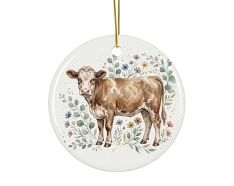 Cow Christmas Ornament | Rustic Farmhouse Ceramic Ornament | Country Cow Tree Decoration | Farm Animal Gift