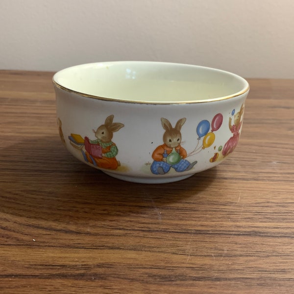 RedStoreVintage Presents Vintage Mount Clemens Pottery Childs Bowl Lil Bunnies, Rabbits playing