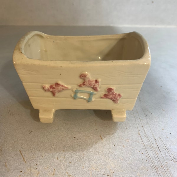 RedStoreVintage Presents Vintage 1950s Shawnee Baby Cradle Planter Sheep leaping over fence USA J542P