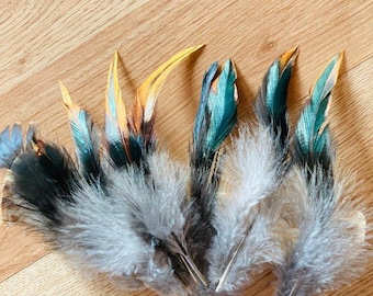 12 black, red and cream 4-7 inches long tail feathers from a free range rooster.  Sustainably sourced, cruelty free feathers (s85)