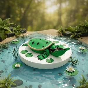 May include: A whimsical green turtle figurine with black spots and stripes, resting on a white platform surrounded by lily pads and water. The turtle is set in a serene pond scene with a blurred forest background.