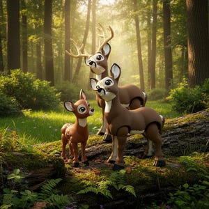 May include: A set of three brown deer figurines featuring a large buck with antlers, a medium-sized doe, and a small spotted fawn. The figures have smooth surfaces, large expressive eyes, and are standing together on a textured log surface.