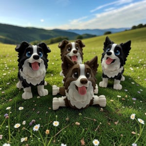 May include: Four small, stylized dog figurines standing in a grassy field. Two are black and white, and two are brown and white. Each figurine features large blue eyes, a white chest, and an open mouth with a pink tongue visible, showing a happy expression.