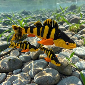May include: Three articulated fish figures featuring a vibrant yellow and black striped pattern with bright orange fins. The fish are depicted in a swimming formation, showcasing segmented bodies that allow for movement and realistic posing.
