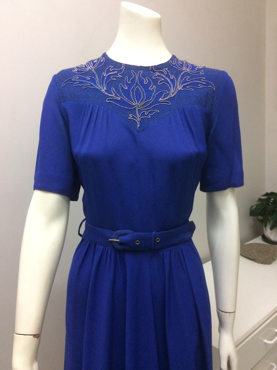 Original Vintage 30s 40s Beaded Dress , Blue Crepe