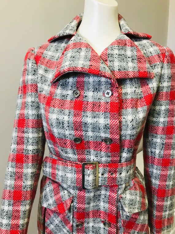 Original Vintage 60s Coat Red Checks Wool , Small… - image 3