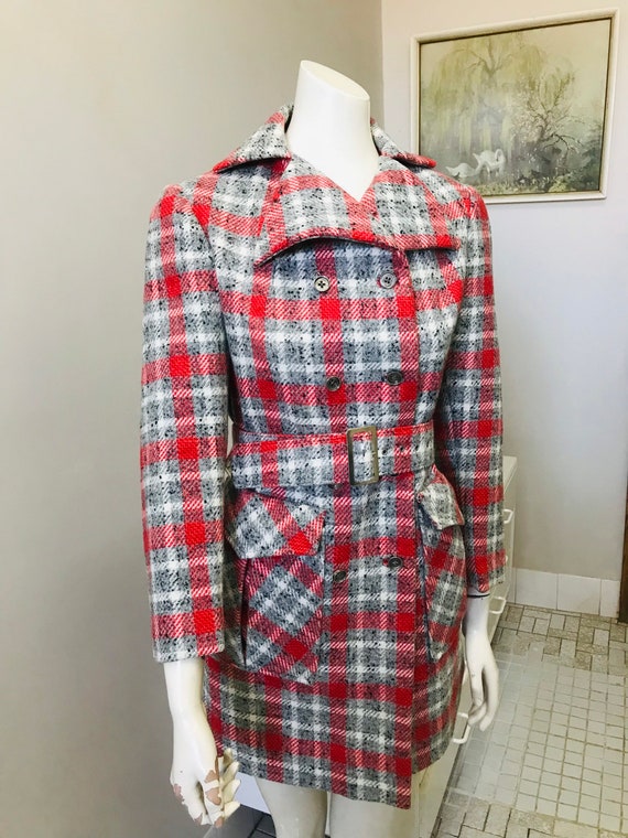 Original Vintage 60s Coat Red Checks Wool , Small… - image 4