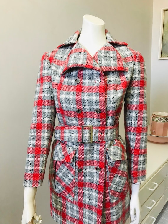 Original Vintage 60s Coat Red Checks Wool , Small… - image 1
