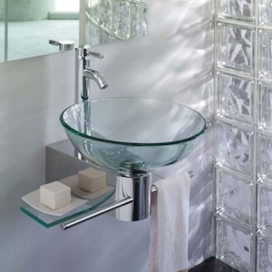 Small Floating Bathroom Vanity Tempered Clear Glass Bowl Vessel Sink Steel Pedestal Combo set