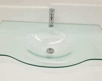 Modern Bathroom Vanities Tempered Clear Glass Integrated Sink Countertop 39'' Wide