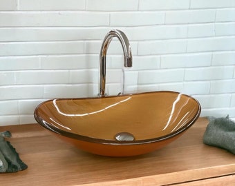 Golden Tempered Glass Oval Sink, Bathroom Vessel
