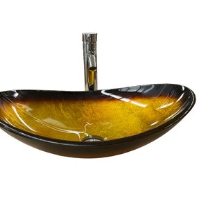 Beautiful Bathroom Countertop Vessel Gold Bronze Tempered Glass Sink Boat Basin Oval Set