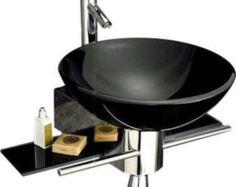 Sleek Black Glass Bathroom Sink & Steel Pedestal | Tempered Vessel Basin