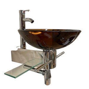 Floating Small Bathroom Vanity Tempered Glass Dark Brown Vessel Sink Wall Mount Steel Pedestal Clear Glass Shelve Towel Bar Pop up Combo Set