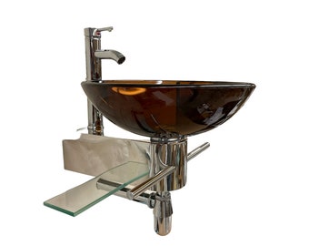 Floating Small Bathroom Vanity Tempered Glass Dark Brown Vessel Sink Wall Mount Steel Pedestal Clear Glass Shelve Towel Bar Pop up Combo Set