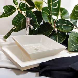 16" White Square Ceramic Bowl Vessel Above Counter Sink with Pop up drain in chrome finish