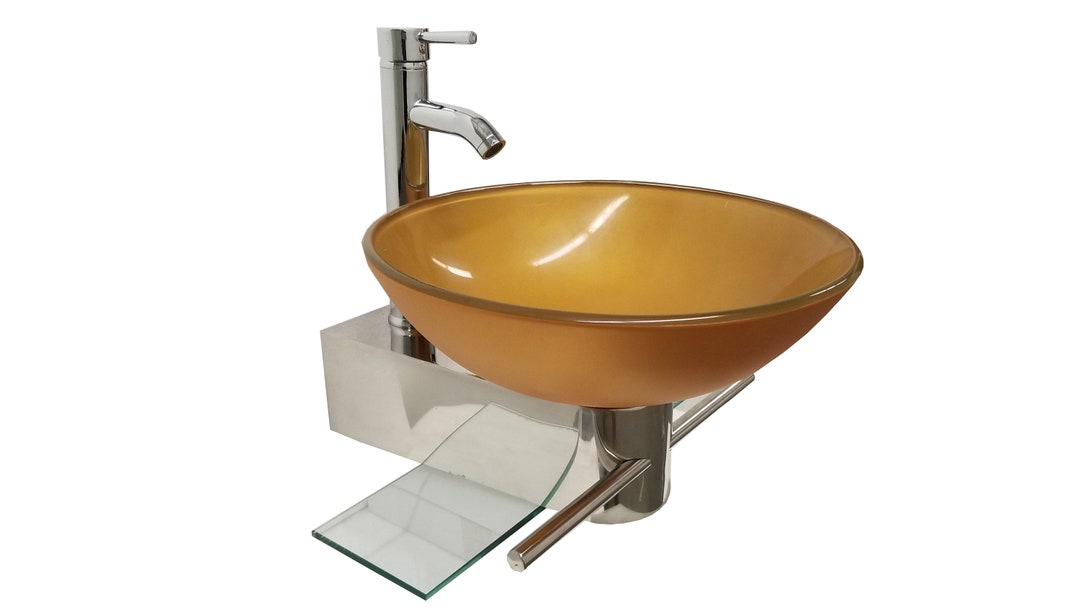 Modern Small Bathroom Pedestal Vanity Glass Bowl Vessel Mustard Gold Sink Combo Etsy