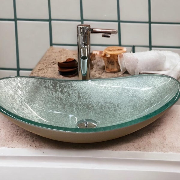 Beautiful Bathroom Countertop Vessel Gray Silver Tempered Glass Sink Boat Basin Oval Set