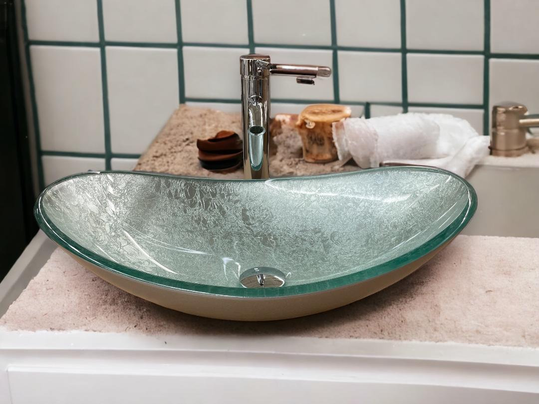 Beautiful Bathroom Countertop Vessel Gray Silver Tempered Glass Sink Boat Basin Oval Set