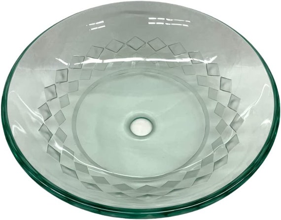 Clear Tempered Glass Vessel Sink with Carved Diamond Pattern