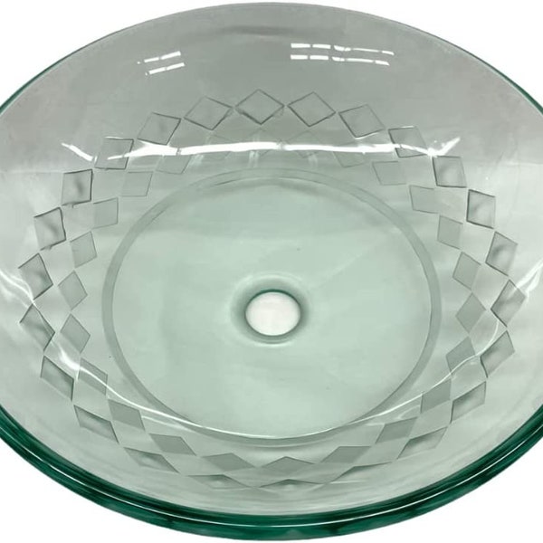 Round Bathroom Sink Tempered Clear Glass Unique Carved Pattern Vessel Bowl Set with Pop up Drain and metal ring in Chrome Finish