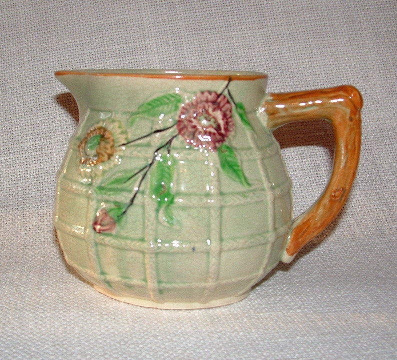 Japanese Majolica pitcher in a pretty vintage green with brown Etsy