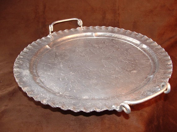 Round Silver Look Aluminum Serving Tray With Handles Large Fruits Flowers Hand Forged