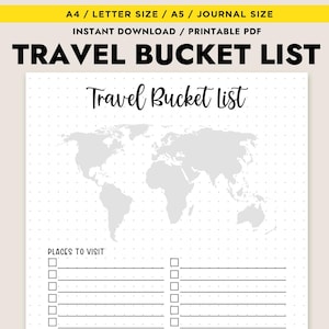 Puede incluir: Lista de viajes para completar con un mapa del mundo y una lista de verificación de lugares para visitar. La lista está dividida en dos columnas con 15 líneas cada una.