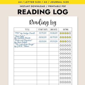 Cuadro de registro de lectura Página de diario imprimible Planificador Libro Rastreador de libros Página de seguimiento de hábitos diarios Lista de libros digitales para leer