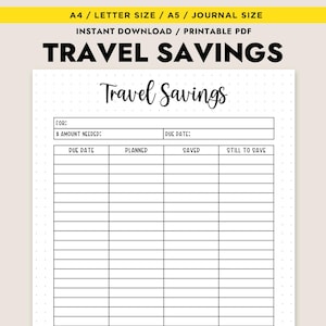 Planificador de ahorros para viajes imprimible, descarga instantánea en PDF, tamaño carta, tamaño diario, A4 y A5.