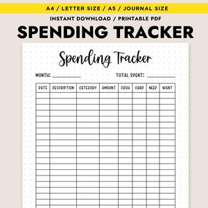 Puede incluir: Un rastreador de gastos imprimible blanco con una cuadrícula negra y el título "Spending Tracker". El rastreador incluye secciones para fecha, descripción, categoría, cantidad, efectivo, tarjeta, necesidad y deseo. La pancarta superior es amarilla.